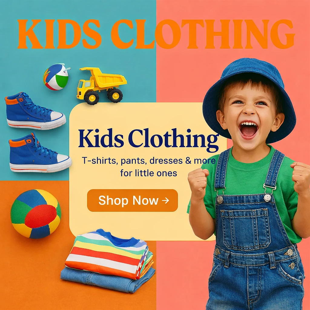 Kids clothing category banner with colorful background, smiling child in denim overalls, toys, sneakers, and “Shop Now” button for children’s apparel collection