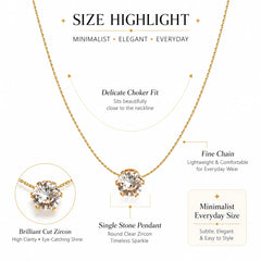 Minimalist Solitaire Zircon Choker Necklace, Crystal Pendant, 18K Gold Plated Stainles close-up view