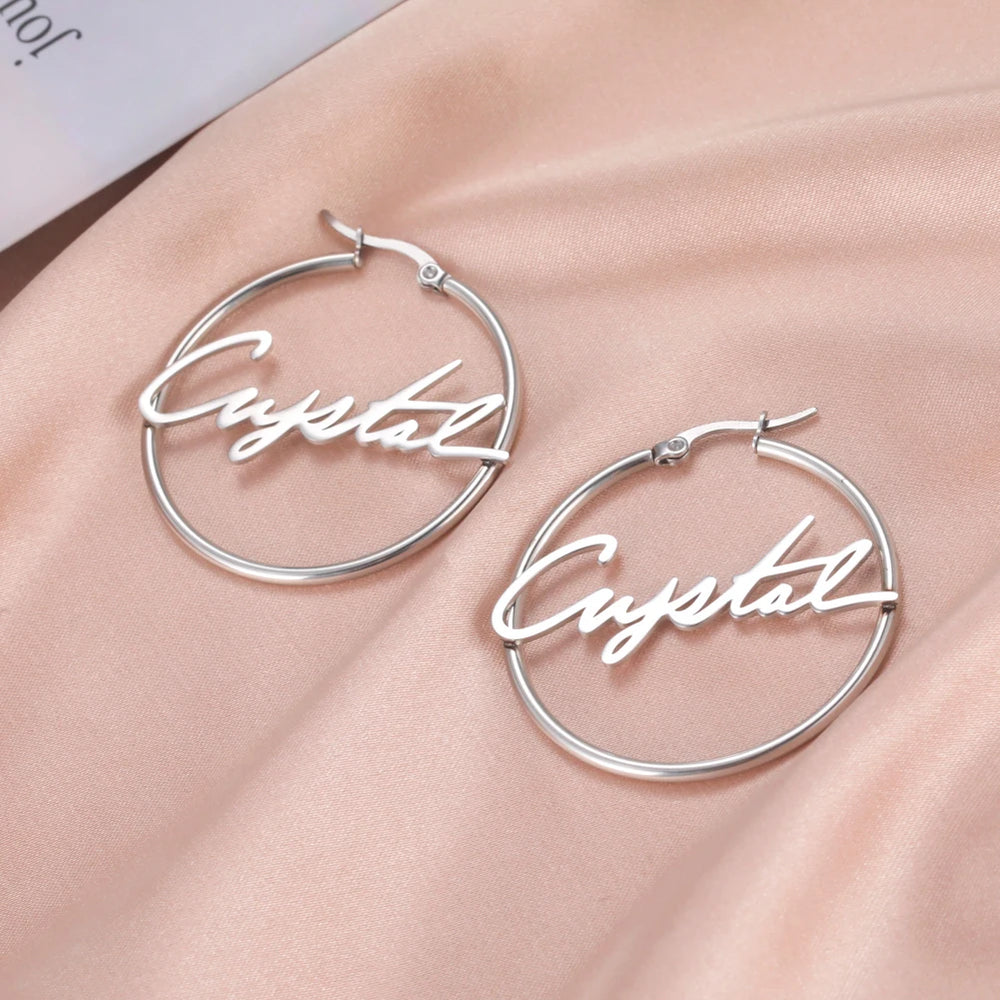 Custom Nameplate Hoop Earrings for Women | Personalized Stainless Steel Jewelry