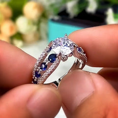 Huitan Special-interest Wedding Rings Women Blue/White Round CZ Novel Designed Female alternate view