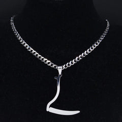 Silver Grim Reaper Sickle Pendant Necklace | Punk Stainless Steel Jewelry for Women close-up view