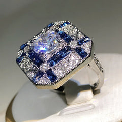 925 Silver Luxury Geometry Big Rings For Men Women Blue White Zircon Engagement Ring Bir detail view