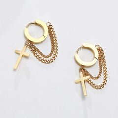 Stainless Steel Cross Double Chain Huggie Hoops Earring Pair for Men Women Earrings close-up view
