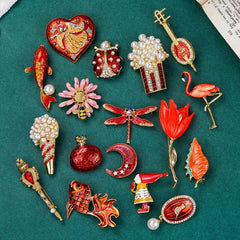 Vintage Palace Plant Flower Baroque Brooch Red Enamel Pearl Brooch Pin Woman Party Accessories