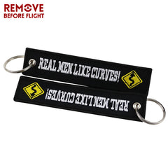 Motorcycle Keychain with Embroidery | Real Men Like Curves Keyring close-up view