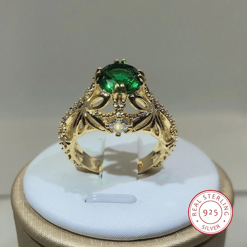14K Gold Vintage Emerald zircon Ring for Women 925 Silver Jewelry Natural Emerald Ring jewelry party
