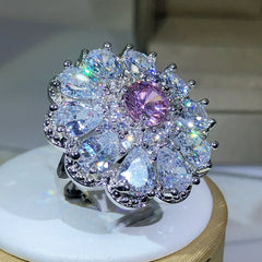 925 Silver Trendy Luxury Jewelry Ladies Shiny White Zirconia Crystal Flower Female Ri alternate view