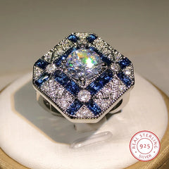 925 Silver Luxury Geometry Big Rings For Men Women Blue White Zircon Engagement Ring Birthstone sapp