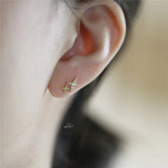 925 Sterling Silver Micro Inlaid Crystal Four-Pointed Star Plating 14k Gold Earrings W close-up view