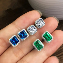 Huitan Rectangle/Square Green Cubic Zircon Stud Earrings Women Elegant Party Accessories Anniversary