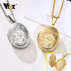 Monogram Floral Oval Heart Locket Pendant Necklace | Stainless Steel Photo Frame Keepsake