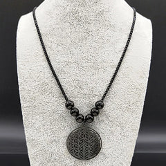 Sacred Geometry Flower of Life Necklace | Stainless Steel Mandala Pendant with Black B close-up view