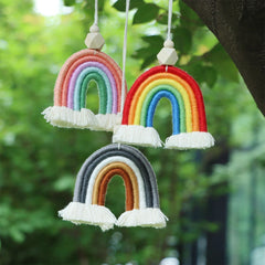 Boho Handmade Rainbow Decoeation Weaving Rainbow Keychains Car Rearview Mirror Pendant close-up view