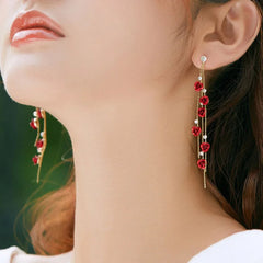 Red Rose Drop Earrings Zinc Alloy Vintage Rhinestone Flowers