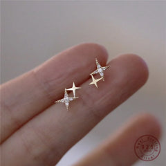 925 Sterling Silver Micro Inlaid Crystal Four-Pointed Star Plating 14k Gold Earrings Women Small Cut