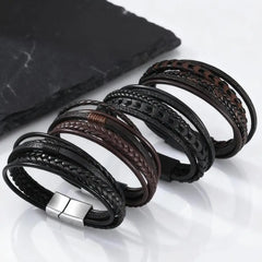 Multi Layer Braided Rope Bracelet for Men | Classic Handmade PU Leather Wristband with Magnetic Buck