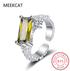 Emerald Cut Natural Green Peridot 925 Sterling Silver Irregular Texture Adjustable Ring detail view