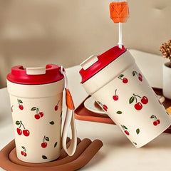 350/400ML Plastic Coffee Mug With Cherry Pattern Travel Portable Water Bottle Tumbler alternate view