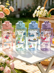 1 Piece 500ml (19 fl oz) Cartoon Printed Straw Cup, Summer Plastic Water Bottle, BPA Free, Portable