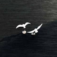 Asymmetrical Small Seagull Earrings Delicate Stylish 925 Silver Earrings Minimalist and detail view