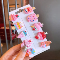 10PCS/Set New Girls Cute Cartoon Unicorn Hair Clips Kids Lovely Hairpins Ice Cream Hea close-up view
