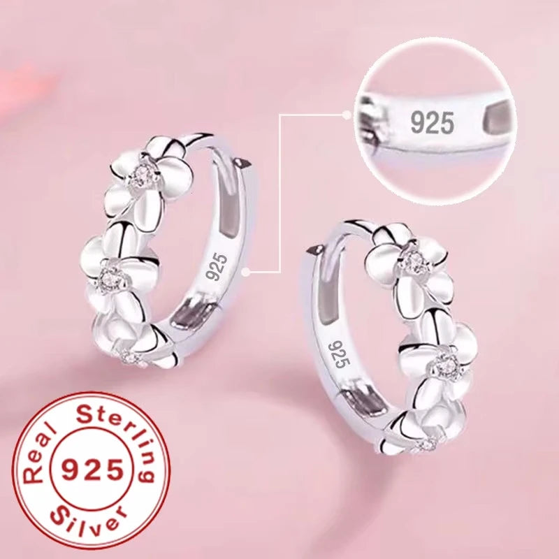 925 Sterling Silver Small Rose Flower Round Hoop Earring AAA Zircon For Women Female Charm Engagemen