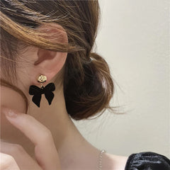 Vintage Black Flocking Bowknot Earrings | Geometric Drop Earrings for Women detail view