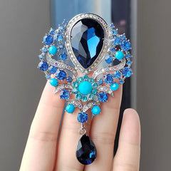 Retro Blue Crystal Big Waterdrop Pendant Brooch for Women Full of Rhinestone Brooch Pin Clothing Accessories Vintage Jewelry