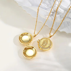 Round Zircon Virgin Mary Locked Pendant Necklace for Women, No Photo, Adjustable Link close-up view
