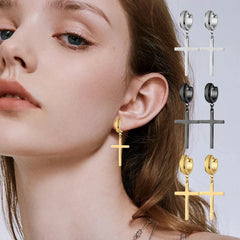 Stainless Steel Frosting Hoop Earrings | Punk Cross Dangle Earrings for Unisex close-up view