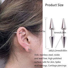 1Pair Fashion 316L Stainless Steel Spike Stud Earrings for Women Men, Classic Cartilage detail view