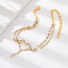 Shiny Bling Heart Drop Tassel Charm Double Layer Anklet Women Beach Foot Chain Vacation detail view