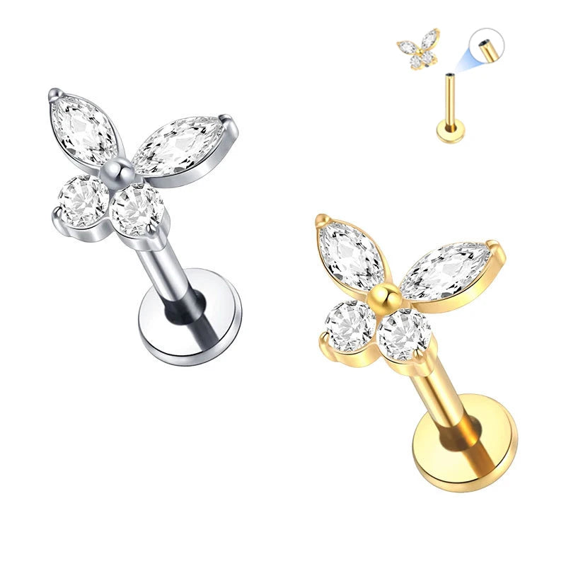 EVISPOL G23 Titanium Hypoallergenic Butterfly Lip Rings for Women Dainty CZ Inner Thread Cartilage H