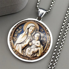 Virgin Mary Hold Baby Jesus Glass Round Medal Pendant Necklace | Gold Stainless Steel Catholic Amule