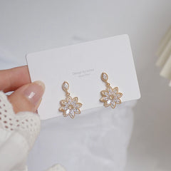 14K Real Gold Dainty Korean Flower Earrings for Women | Bling AAA Zirconia Stud Earrings detail view