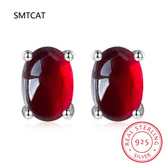 Oval Cut Red Genuine Natural Garnet Ruby 925 Sterling Silver Stud Earring for Women Fashion Statemen