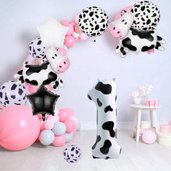 7pcs Cow Print Number Balloon Set | Farm Animal Birthday Party Decoration detail view