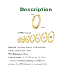 2.5mm Stainless Steel Hoop Earrings for Women Men Stackable Round Gold Color Hiphop S alternate view