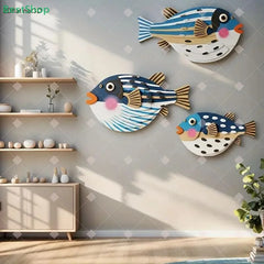 Three Fish Wall Hanging Decoration | Wooden Ocean Art for Living Room