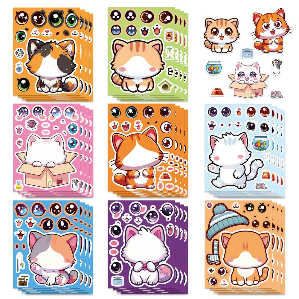 8 Pcs Cute Kitten Dress-Up Stickers | Cartoon Puzzle Toy and Waterproof Decals for Kids