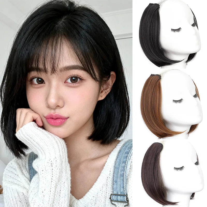 8Inch/12Inch Synthetic Short Straight Hair Pieces Invisible Clip In Hair Pad High Hair Extension Flu