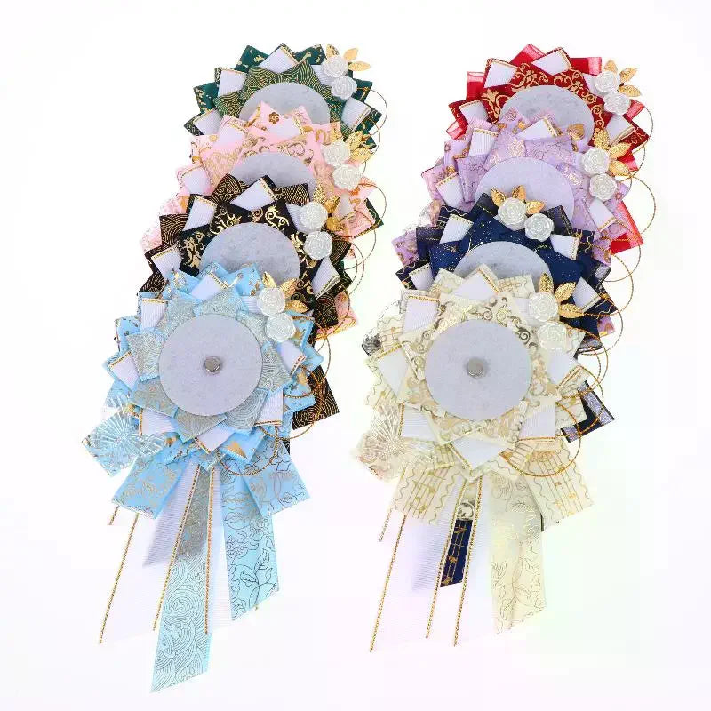 Big Bow Anime Badge Display Rosette With Gold Accents And Butterfly Decor Perfect For Cosplay Events