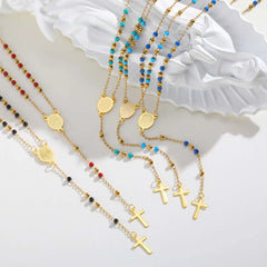 Colored Bead Y-Shaped Cross Necklace | Stainless Steel Catholic Rosary Jewelry for Women