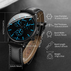 3PCS/Set Men Business Watches Casual Leather Band Analog Male's Quartz Watch Necklace close-up view