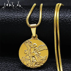 SAINT MICHAEL PROTECT US Archangel Stainless Steel Necklaces Chain Men/Women Gold Color Choker Neckl