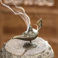 Antique Style Metal Incense Burner | Aladdin Lamp Candle Holder for Home Decor close-up view