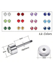 12 Pairs CZ Ear Stud Mixed Colors Cartilage Earrings Set Stainless Steel Barbell Studs close-up view