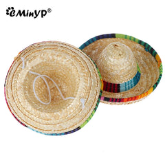 Colorful Mini Pet Straw Sombrero Hat | Dog Cat Sun Hat for Beach Parties close-up view