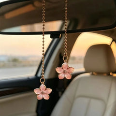 Pink Sakura Flower Rearview Mirror Pendant with Gold Chain detail view
