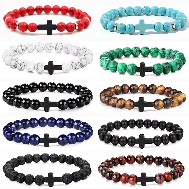 Prayer Men Natural Stone Wood Beads Rosary Hematite Cross Bracelets Onyx Meditation Bracelet Women Y